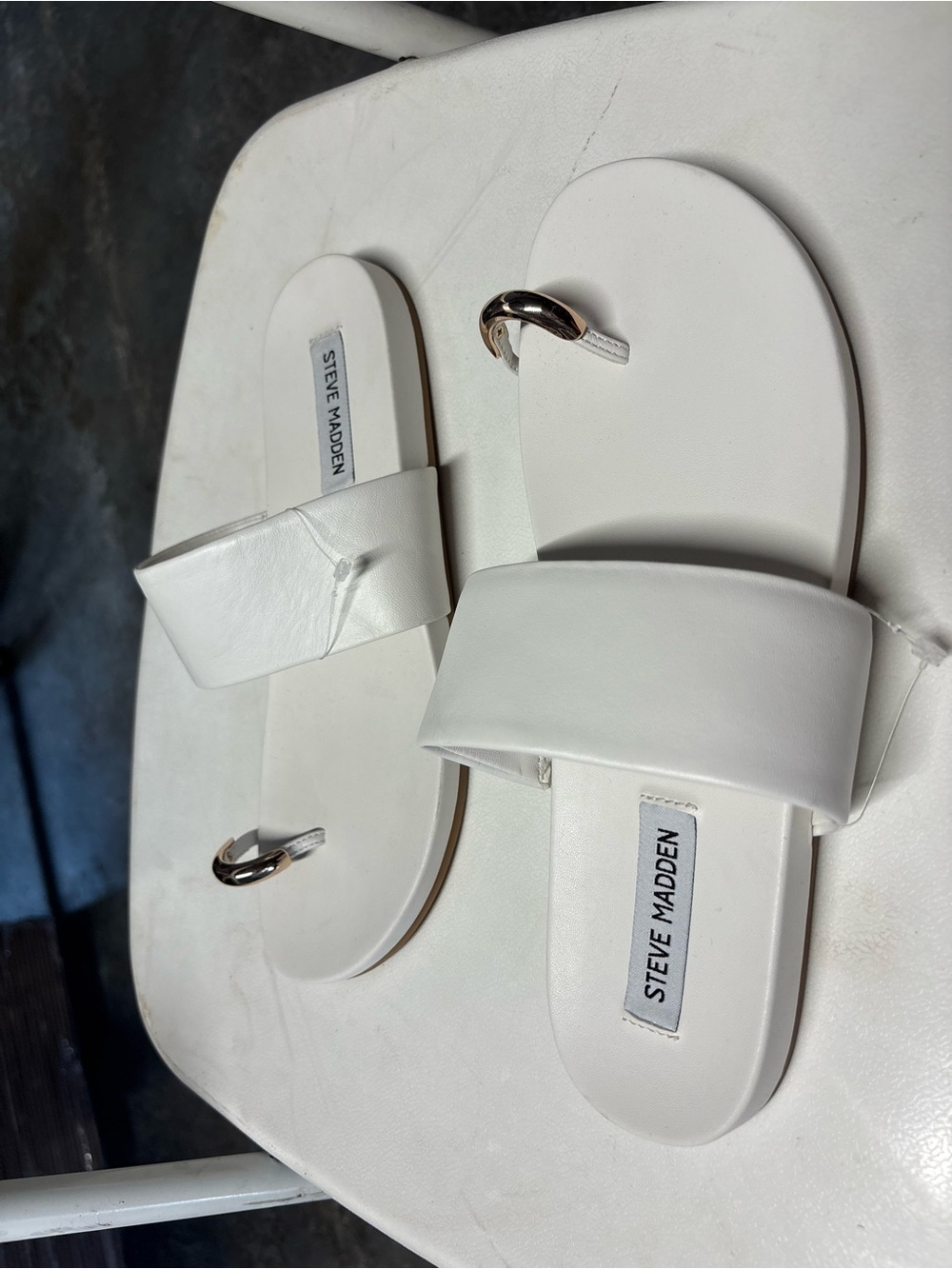 Steve Madden White Slide Sandals with Gold Toe Ring